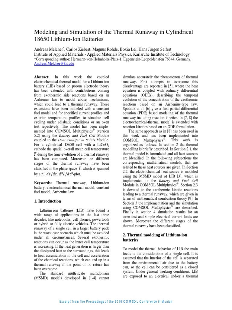 Modeling and Simulation of The Thermal Runaway in Cylindrical 18650 ...