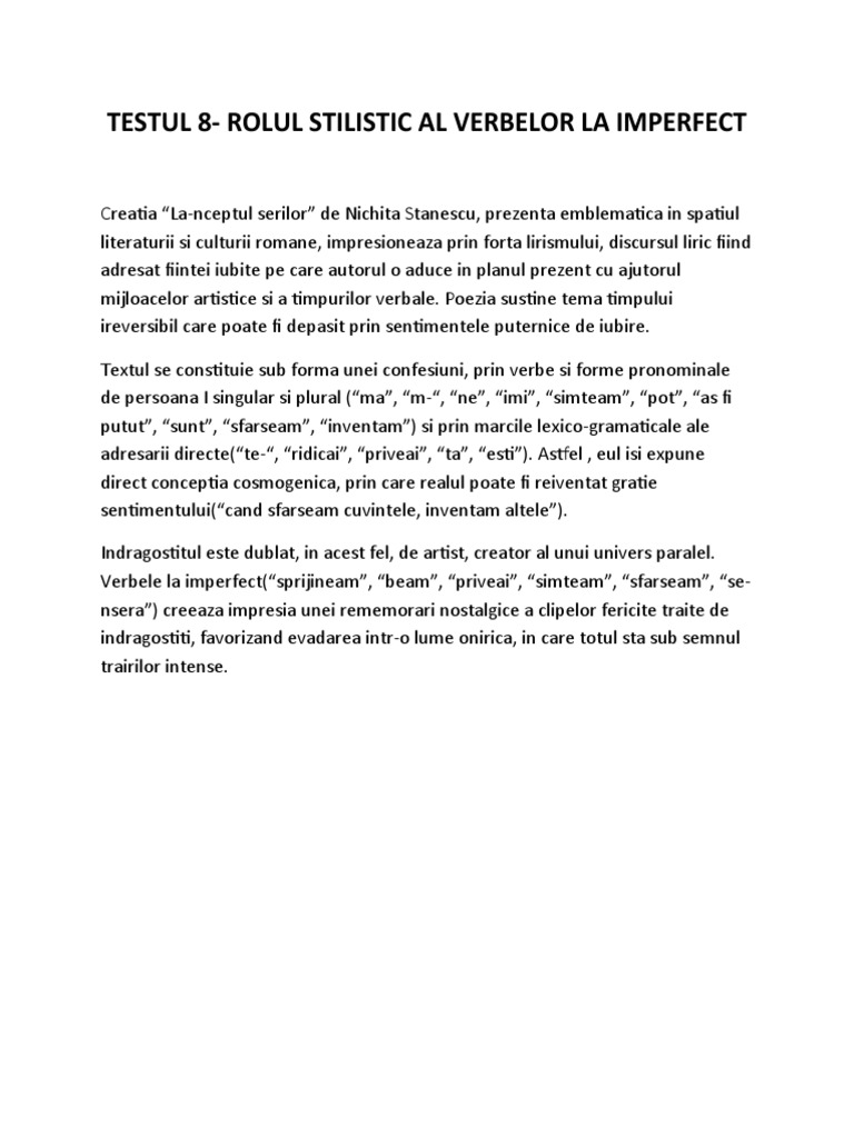 Testul 8-Rolul Verbelor La Imperfectul Liric | PDF