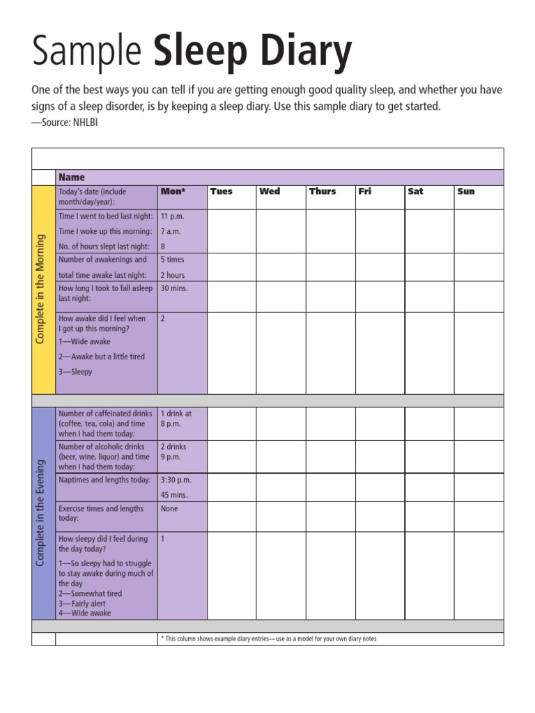 Sample Sleep Diary Template | PDF | Self-Improvement