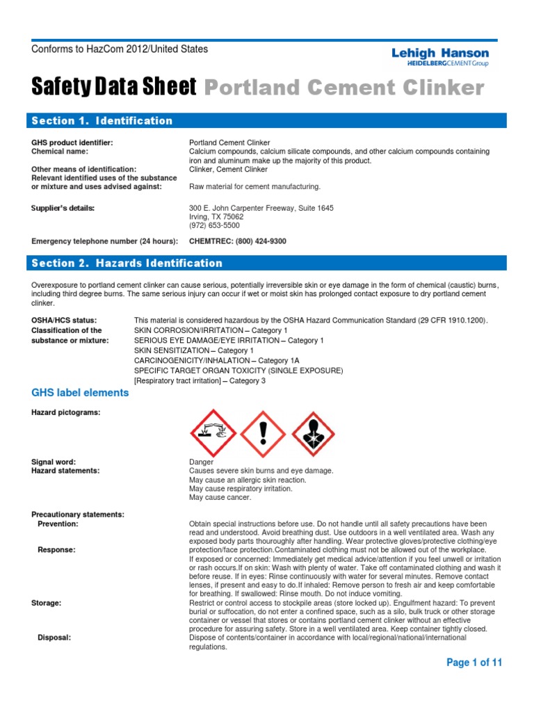 Portland Cement Clinker Safety Data Sheet | PDF | Cement | Personal ...