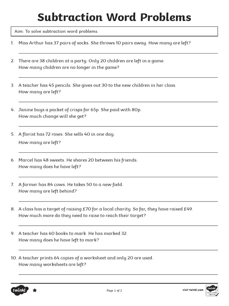 Solving Subtraction Word Problems | PDF