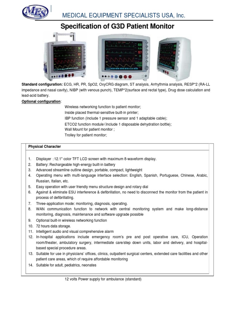 Specification of G3D Patient Monitor Medical Equipment Specialists Usa