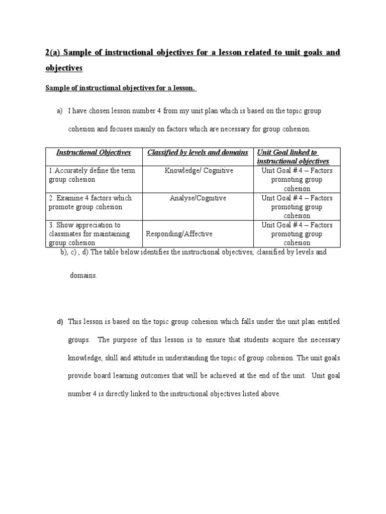 Section B 2a Sample of Instructional Objectives For A Lesson PDF
