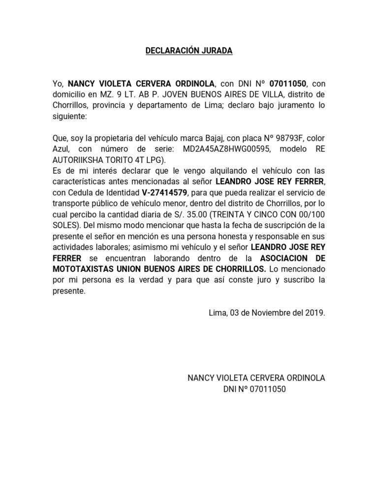 Contrato de Alquiler de Mototaxi | PDF | Finanzas y dinero | Ciencias ...