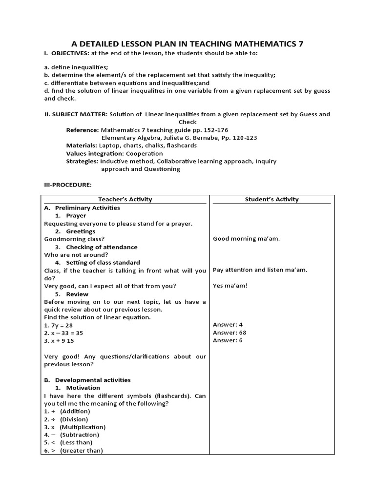 Teaching Linear Inequalities in Grade 7 | PDF | Inequality (Mathematics ...