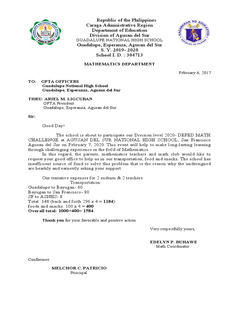 Guadalupe National High School Math Challenge Request | PDF
