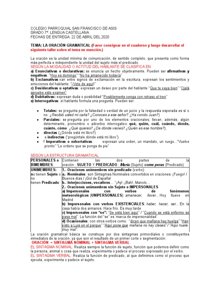 Estructura y tipos de oraciones gramaticales | PDF | Asunto (gramática ...