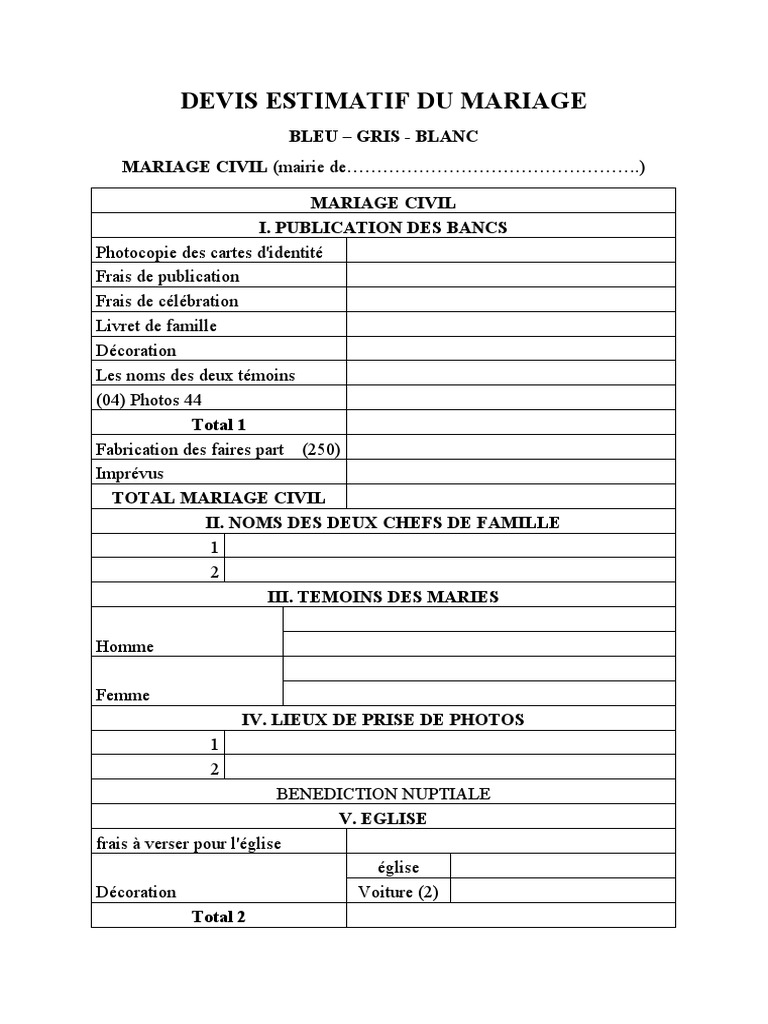 Devis Estimatif Du Mariage Pdf Mariage Boissons