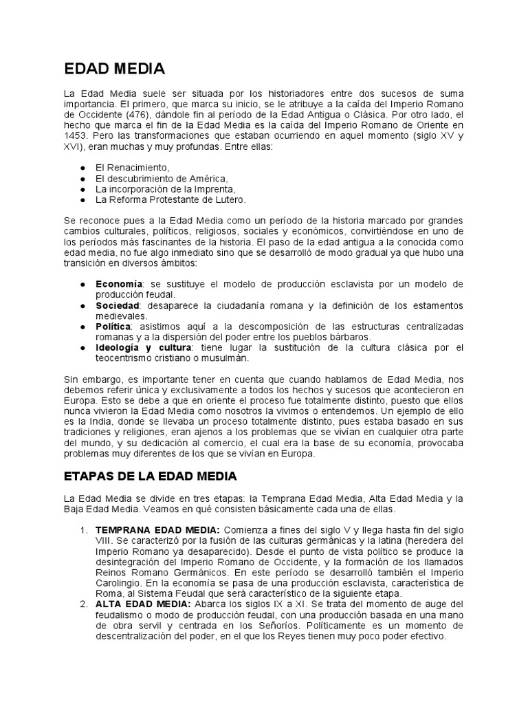 Historia y etapas de la Edad Media | PDF | Edades medias | Feudalismo