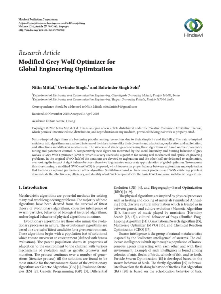 Modified GWO Hindawi PDF | PDF | Metaheuristic | Mathematical Optimization