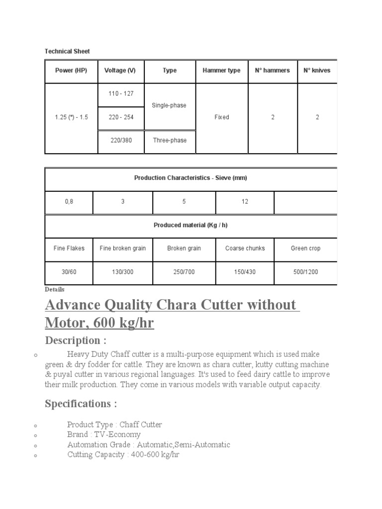 Advance Quality Chara Cutter Without Motor, 600 KG/HR Description