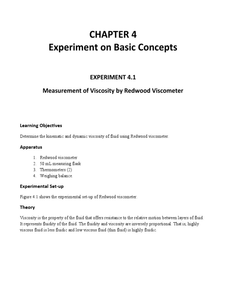 Experiment On Basic Concepts Experiment 4.1 Measurement of Viscosity by Redwood