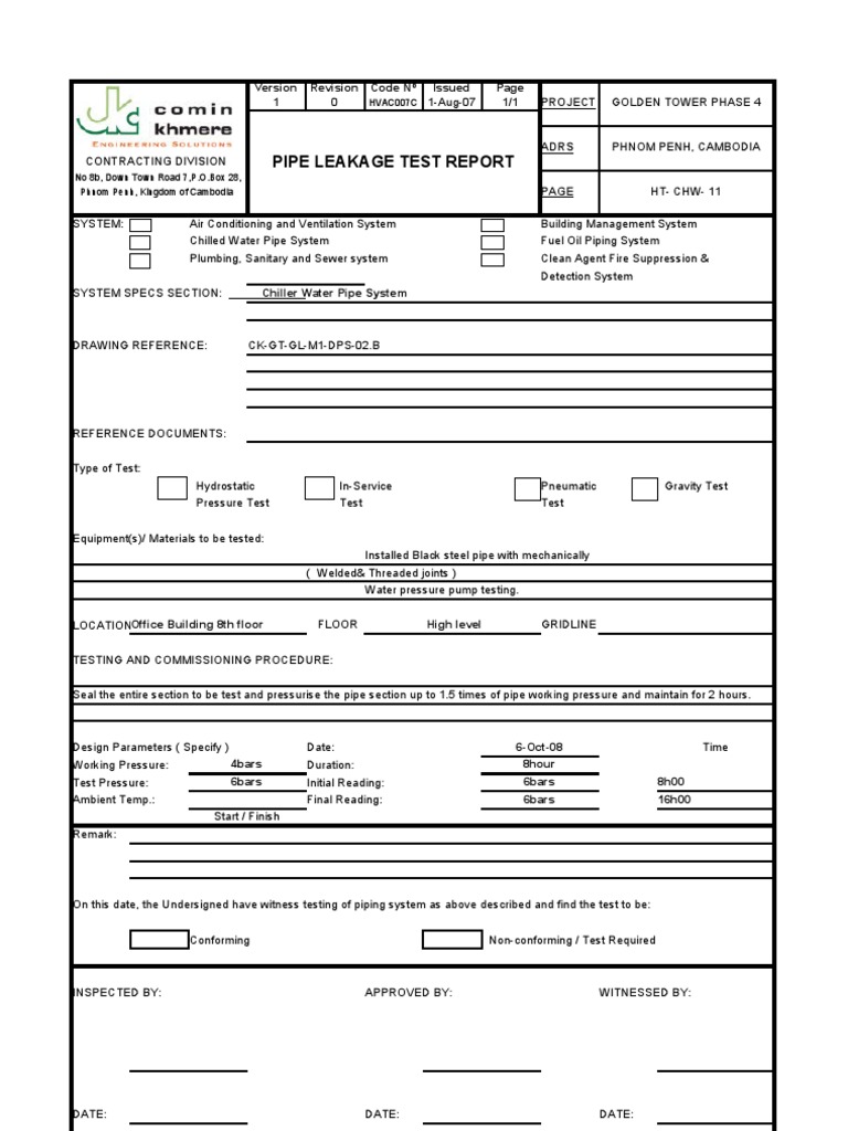 20-Hydrostatic Test Leakage Main Chilled Water Pipe Report  PDF Regarding Hydrostatic Pressure Test Report Template