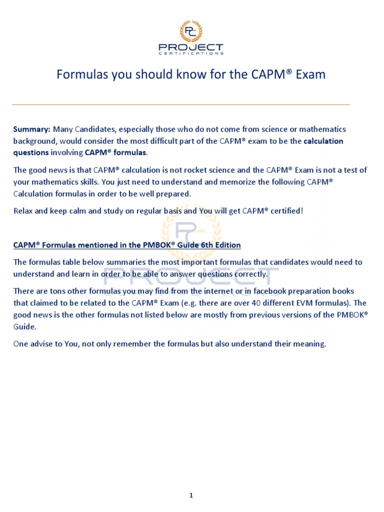 Formulas To Pass CAPM Exam | Download Free PDF | Business | Teaching ...