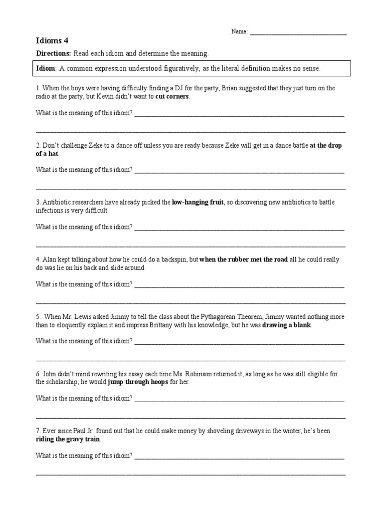 Idiom Worksheet 4 PDF PDF