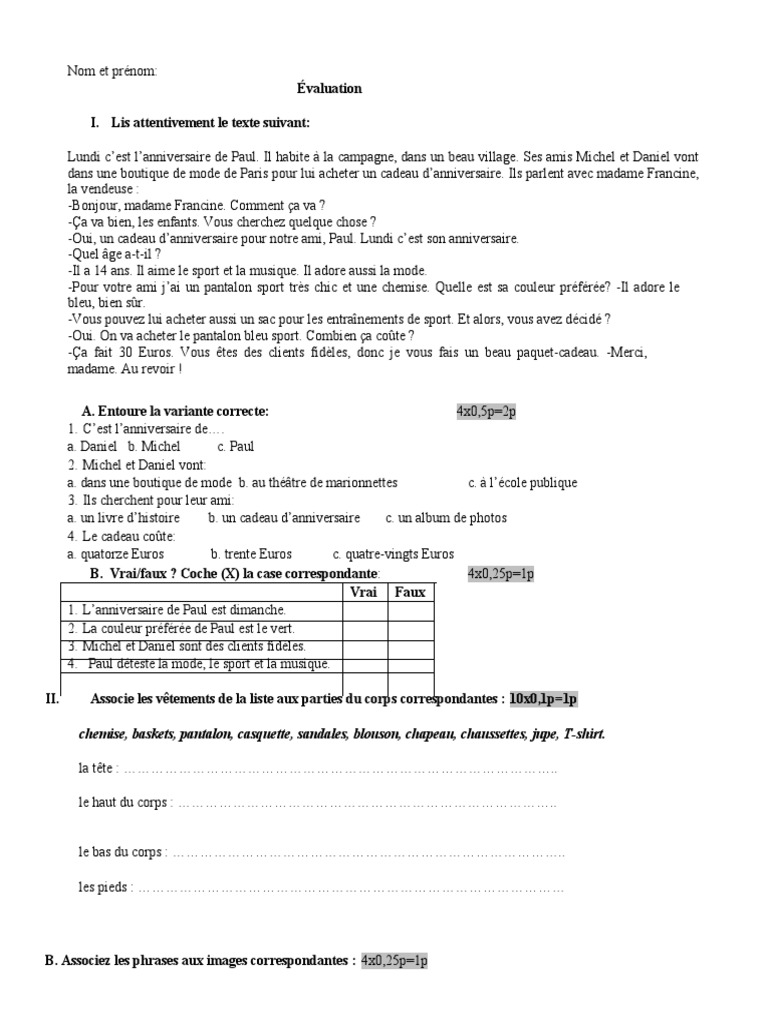Contrôle Sur La Parure Avec Corrigé Test 7 26 Feb | PDF | Vêtements | Biens de consommation