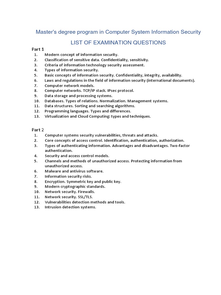 Exam Questions Computer Systems Information Security | PDF | Computers