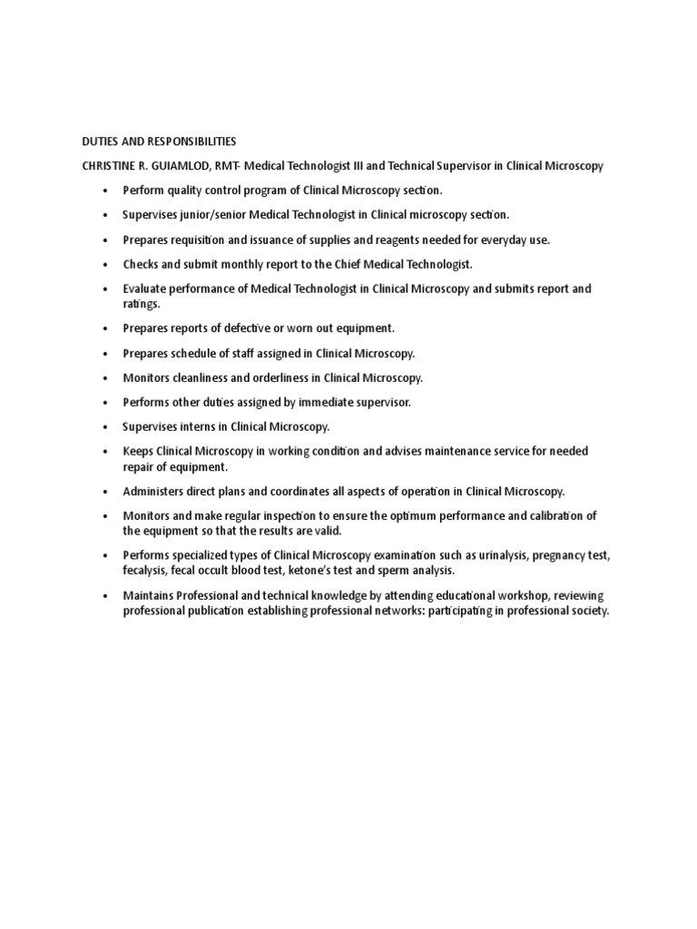 DUTIES AND RESPONSIBILITIES in CLINICAL MICROS PDF Microscopy