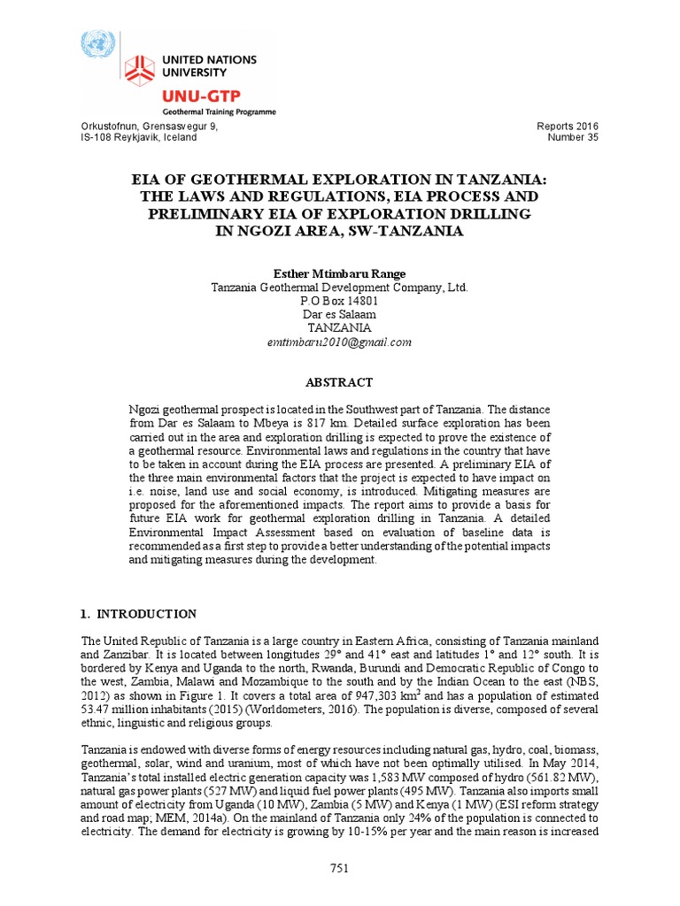 UnuGtp201635 Eia of Geothermal Exploration in Tanzania. The Laws and