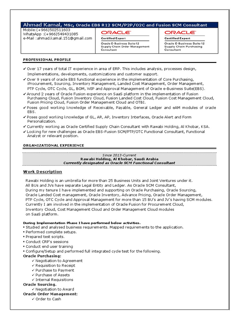 Oracle SCM Consultant Profile Overview | PDF | Oracle Corporation ...