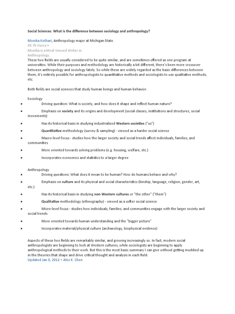 Difference Between Sociology And Anthropology Pdf Sociology
