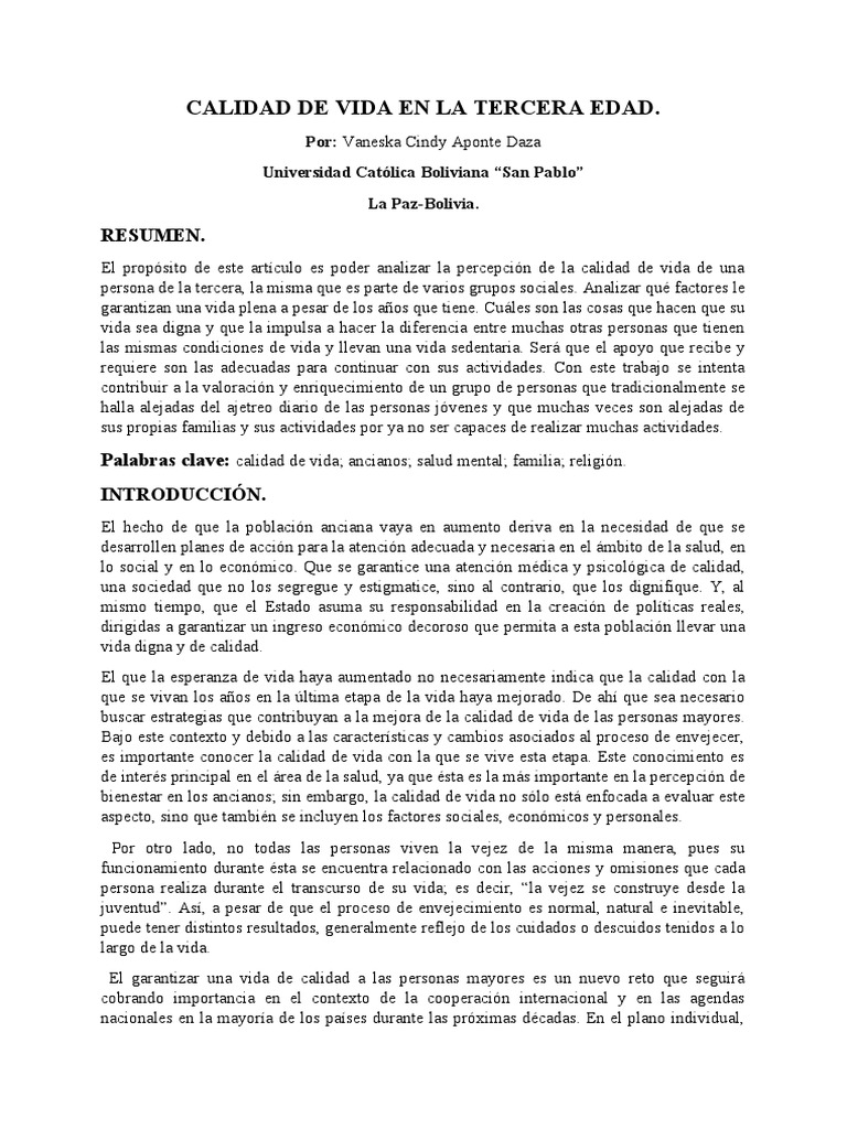 Calidad de Vida en La Tercera Edad | PDF | Teoría | Adultos