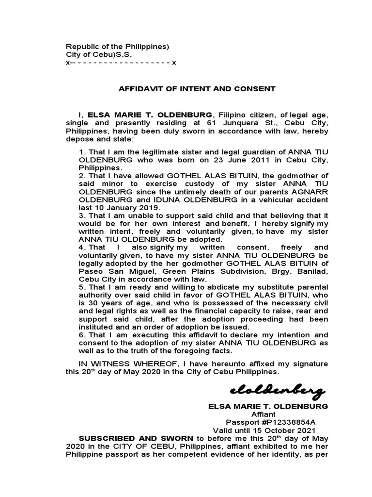 Affidavit for Adoption Consent in Cebu | PDF | Affidavit | Government ...