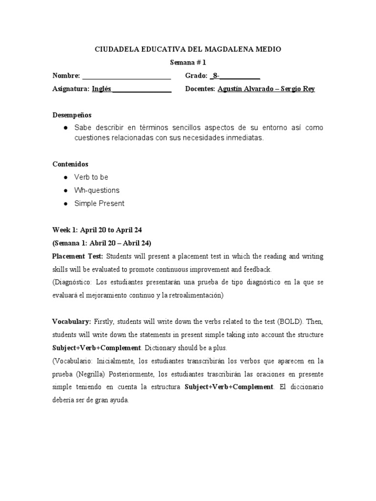 Guia Ingles Grado 8 Semana 1 | PDF | Linguistics | Cognitive Science