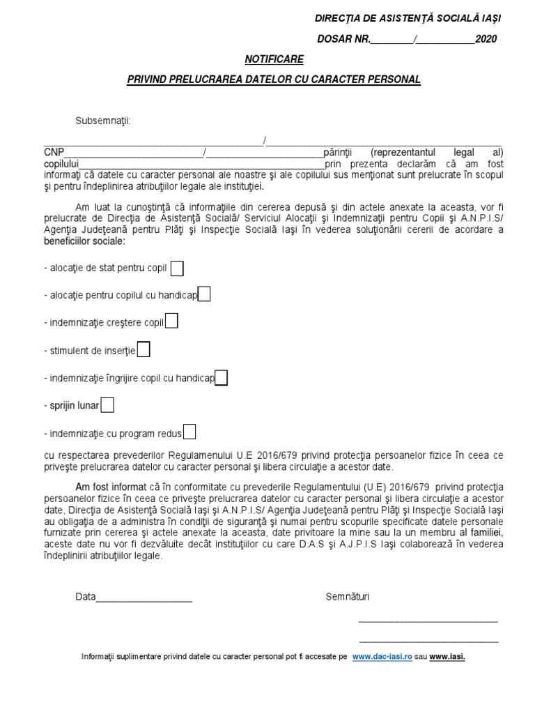 Notificare Date Caracter Personal Indemnizatie Crestere Copil Stimulent