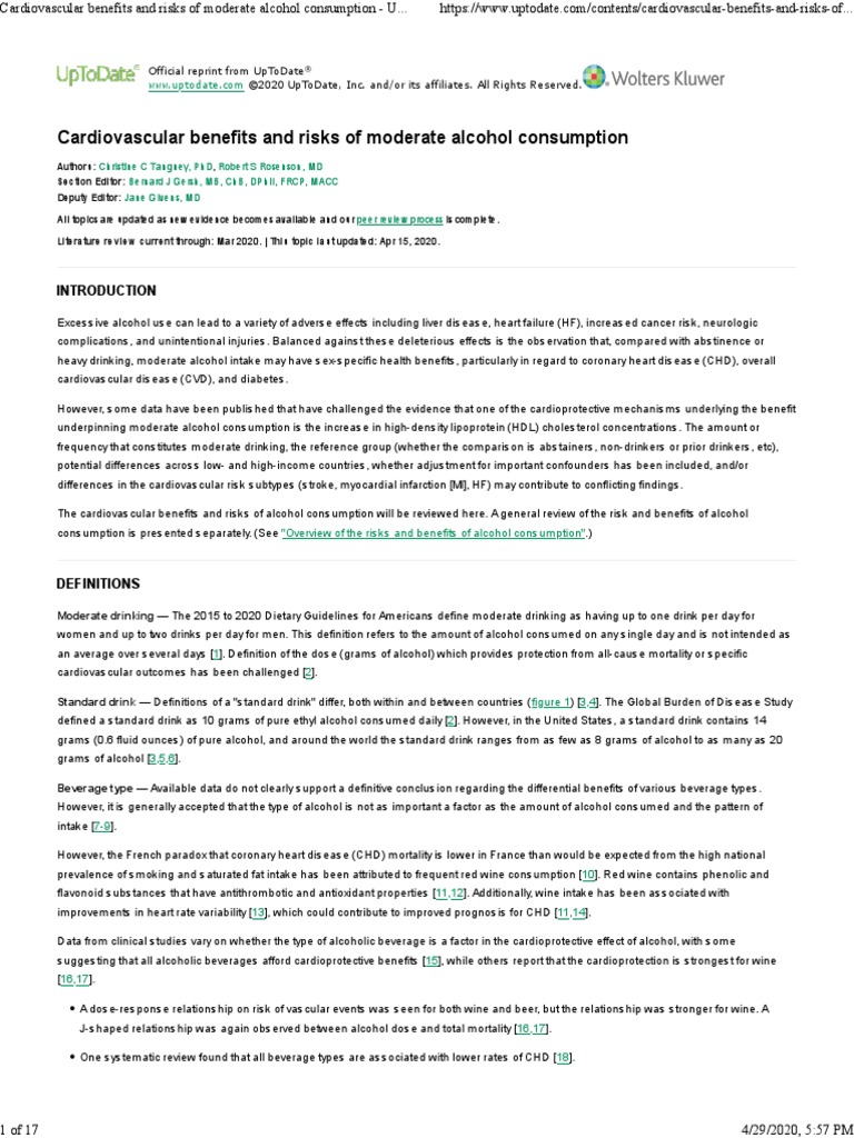 Cardiovascular Benefits and Risks of Moderate Alcohol Consumption ...