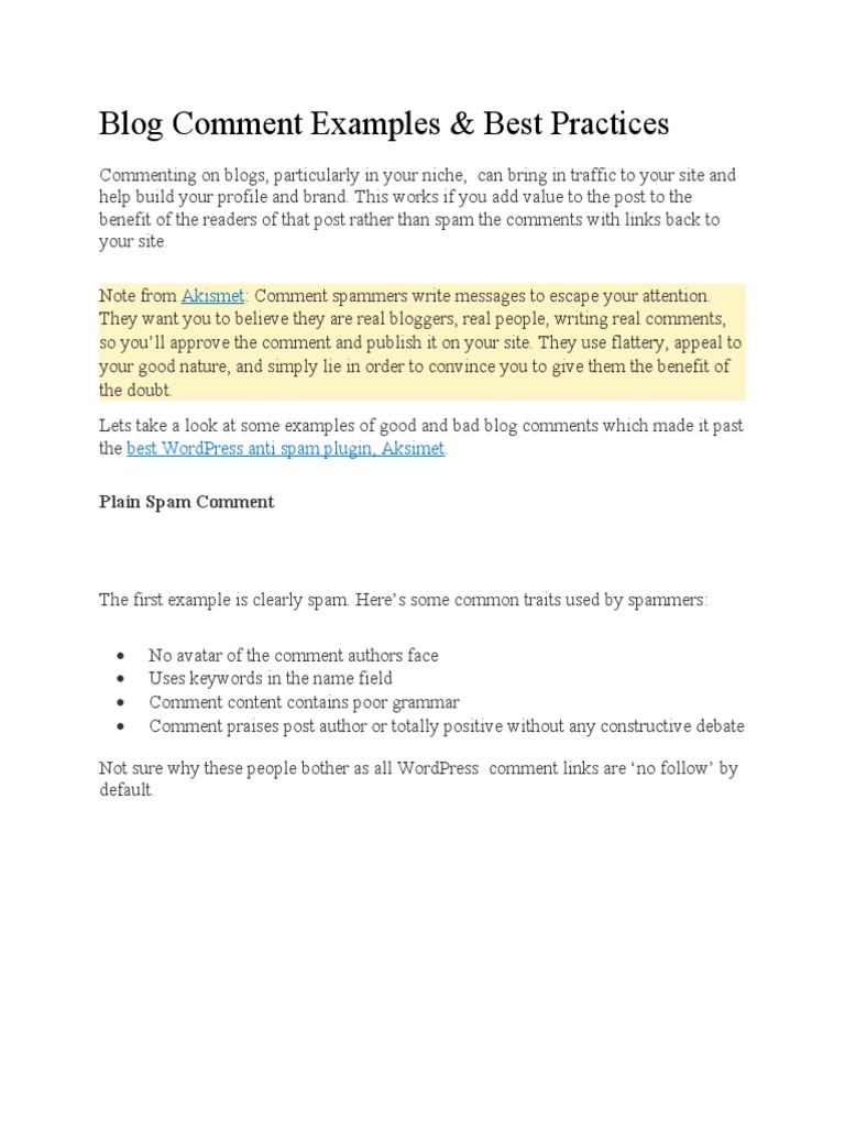 Blog Comment Examples & Best Practices: Akismet | PDF
