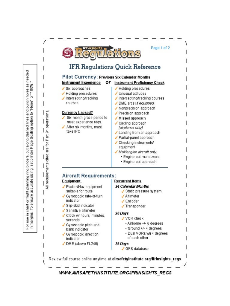 IFR Regulations Quick Reference Pilot Currency PDF Aerospace