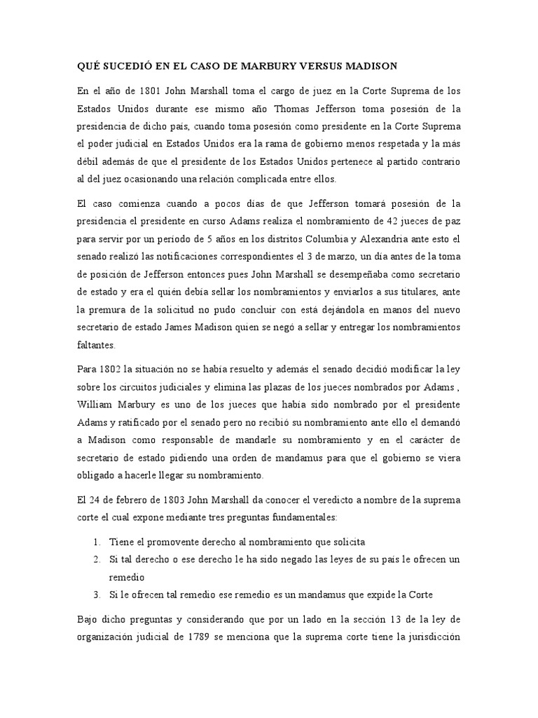 Resumen del caso Marbury vs. Madison | PDF | John Marshall | Constitución