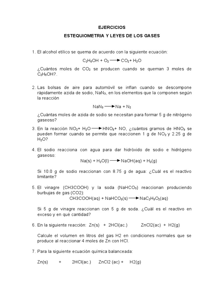 Ejercicios de Estequiometría de Gases | PDF | Gases | Mole (Unidad)