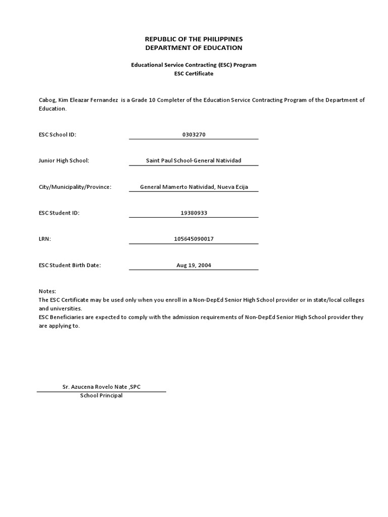 ESC Certificate for Grade 10 Completer | PDF