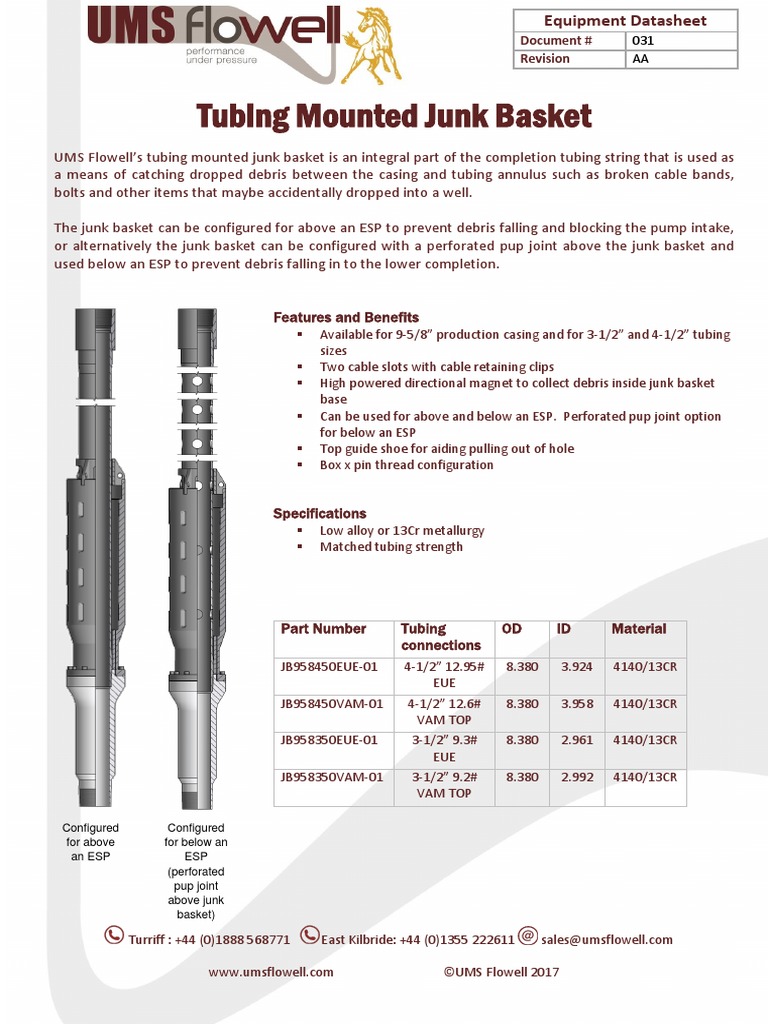 EDS 031 REV AA Completion Junk Basket PDF Casing (Borehole) Pipe (Fluid Conveyance)