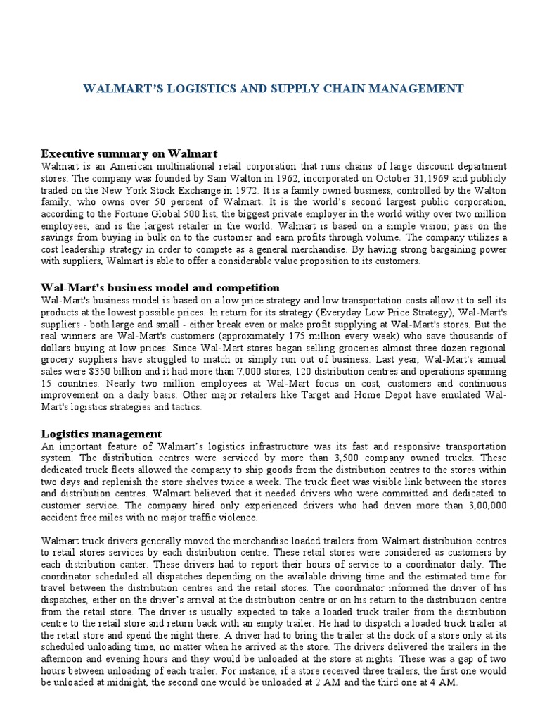 Walmart'S Logistics and Supply Chain Management Executive Summary On