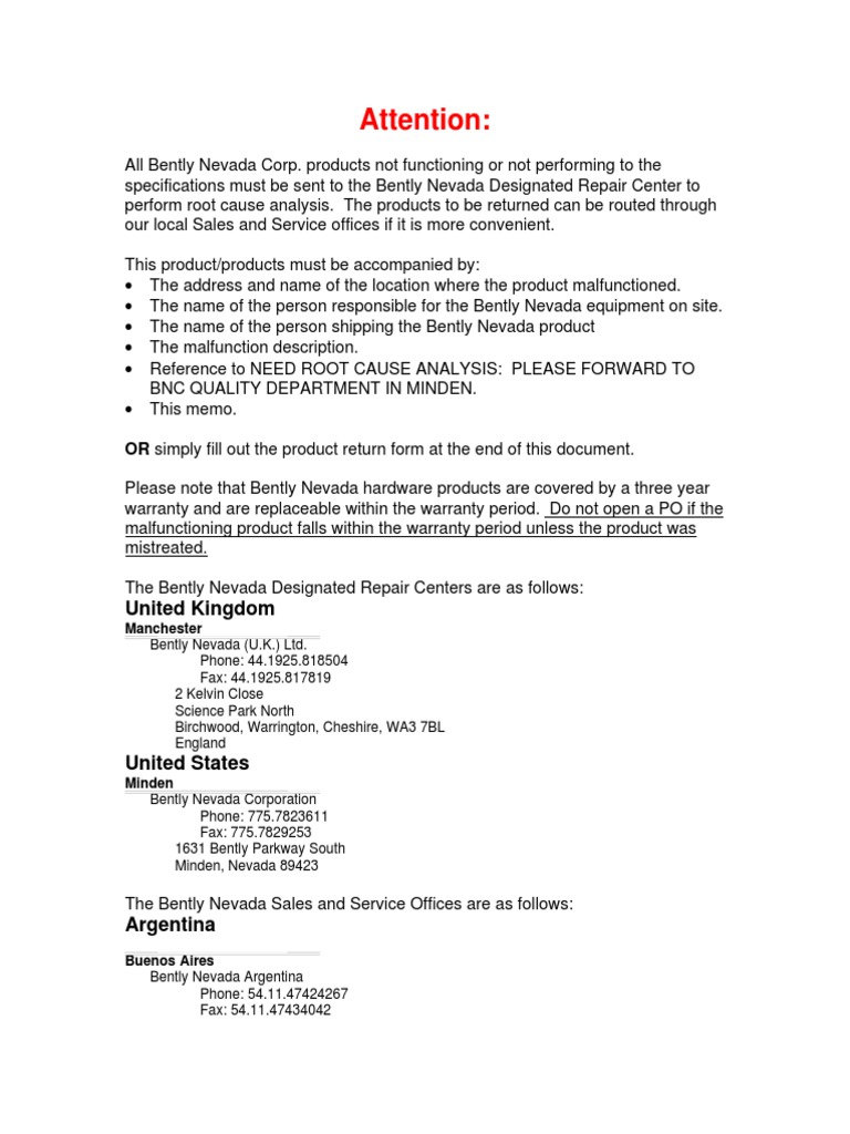 Bently Nevada Product Return Instructions | PDF | Telecommunications ...