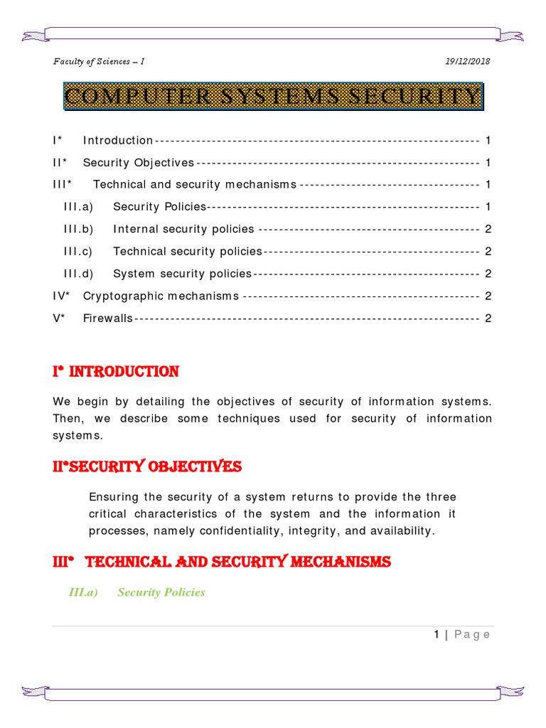 Computer Systems Security: I Introduction | PDF | Cryptography | Security