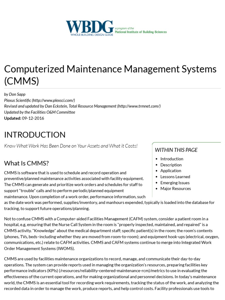 Computerized Maintenance Management Systems (CMMS) WBDG Whole
