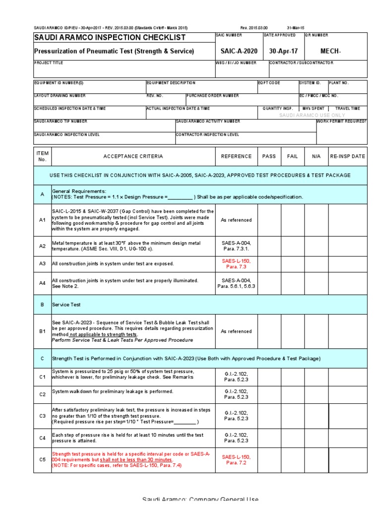 Saudi Aramco Inspection Checklist: Pressurization of Pneumatic Test ...