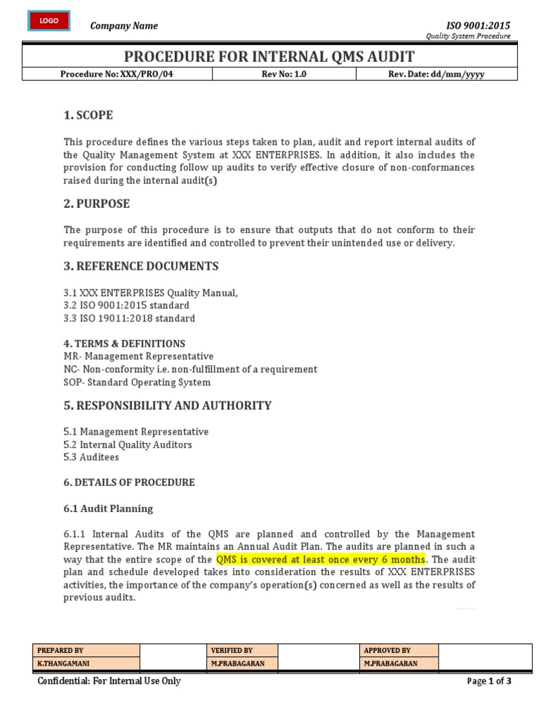 04 Procedure For Internal QMS Audit PDF Quality Management System