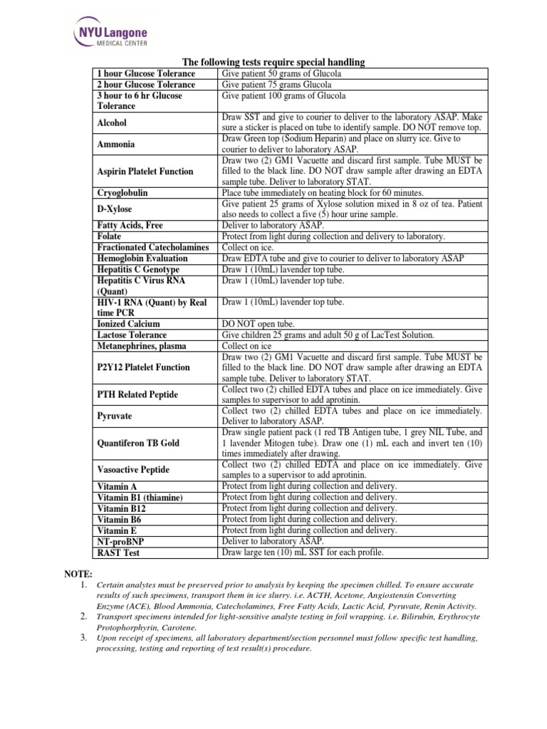 The Following Tests Require Special Handling PDF Medical