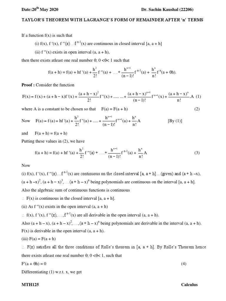 Date:20 May 2020 Dr. Sachin Kaushal (22206) Taylor'S Theorem With ...