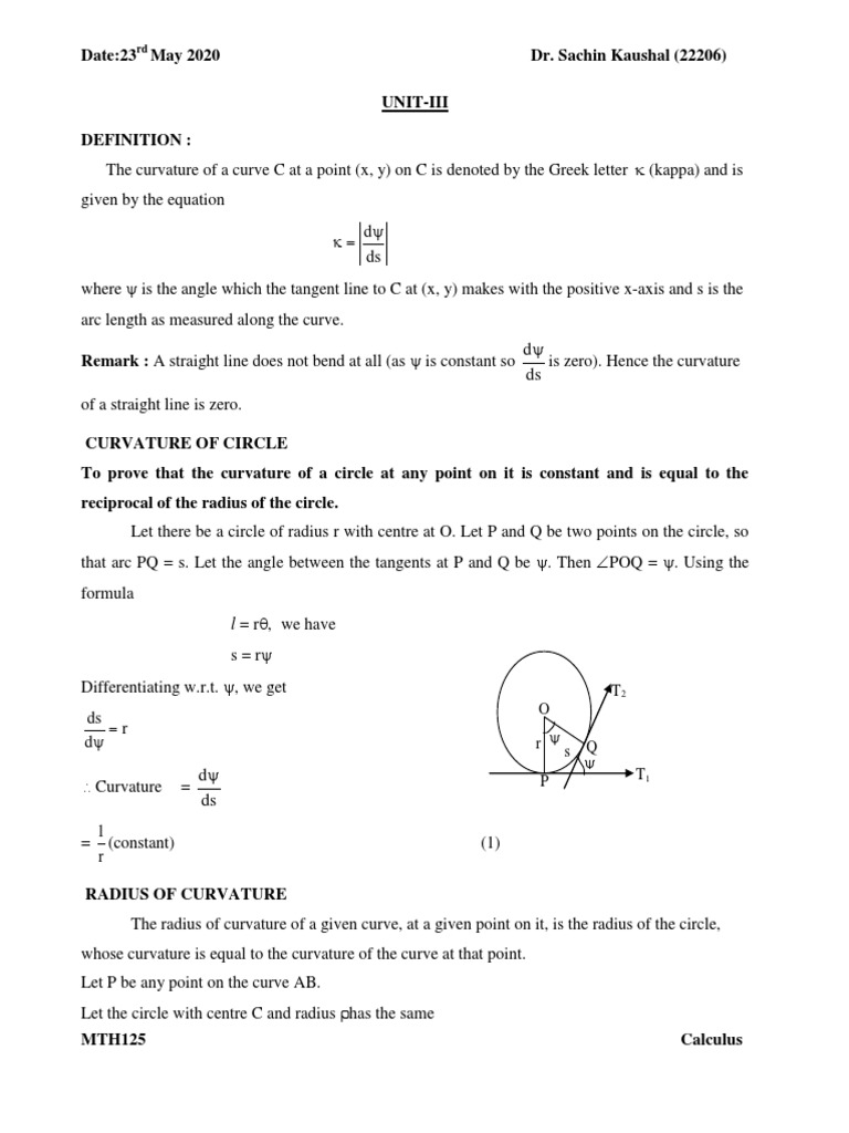 Calculus: Curvature and Radius Concepts | PDF | Curvature | Circle