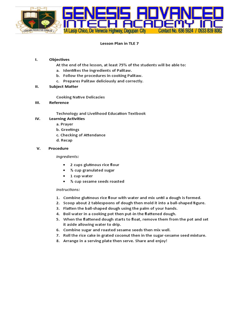 TLE Lesson Plans: Cooking Palitaw & Vegetables | PDF | Lesson Plan ...