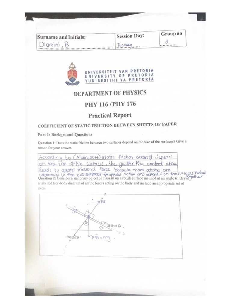 Coefficient of Static Friction B.Dlamini | PDF