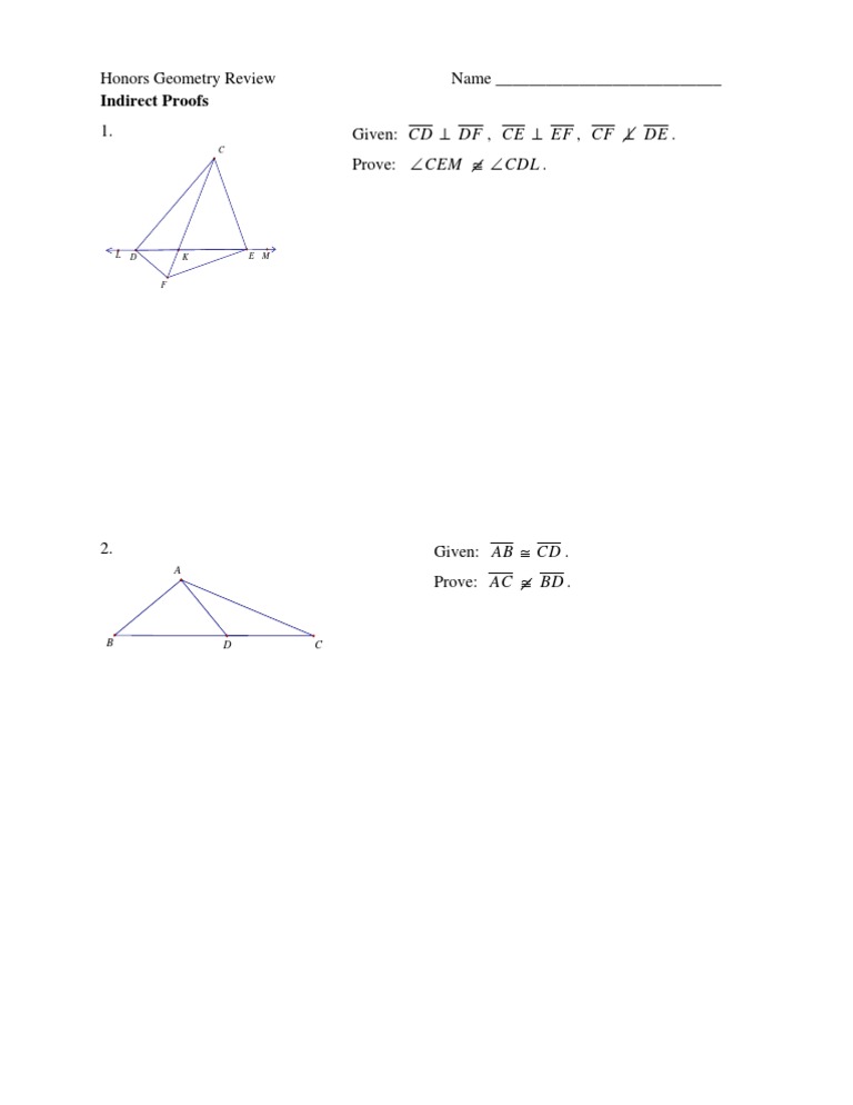 Honors Geometry Indirect Proofs Review | PDF