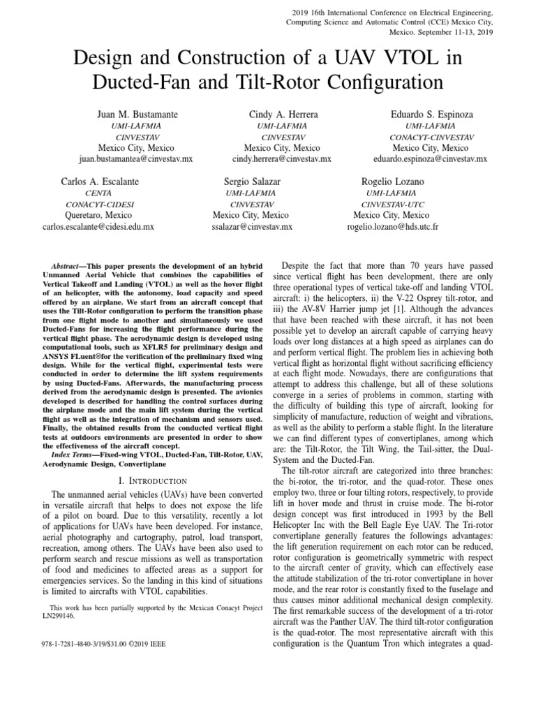 Design and Construction of A UAV VTOL IN Ducted-Fan and Tilt-Rotor ...