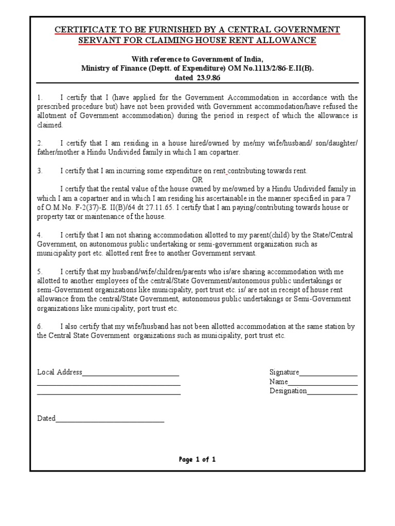 Certificate To Be Furnished by A Central Government Servant For ...